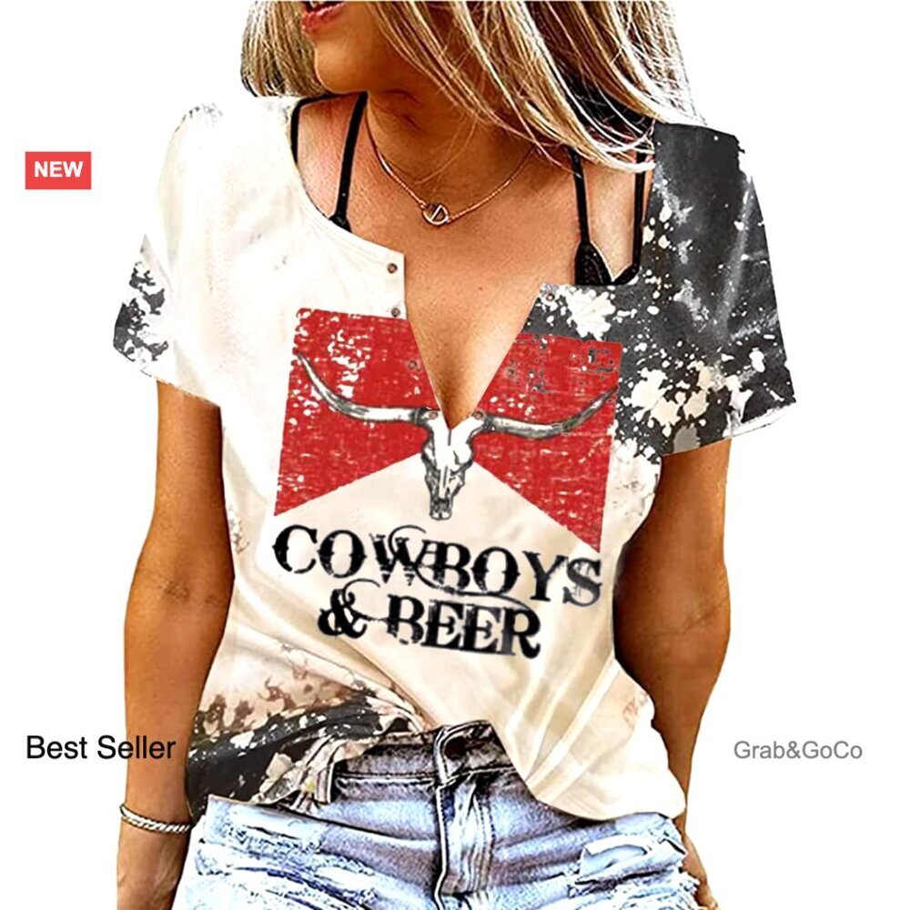 Vintage Western Steer Skull Graphic Tee Retro Cowgirl Casual Short Sleeve Top